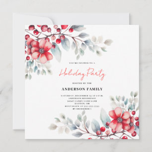 Invitación Navidades de acuarela con flores de Berry rojo