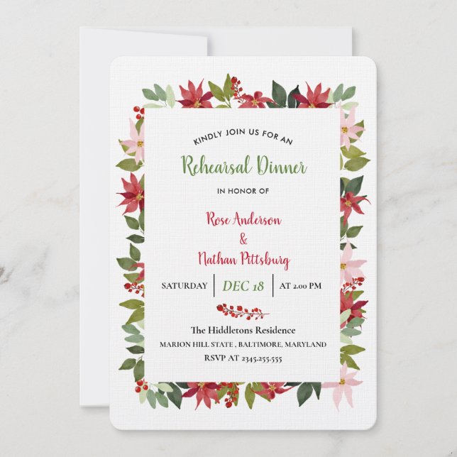 Invitación Navidades de acuarela de Poinsettia Ensayo de cena (Anverso)