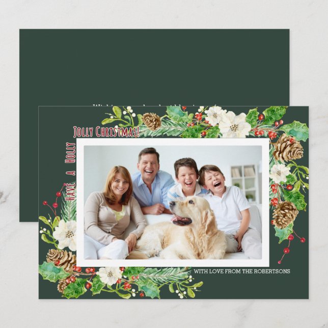 Invitación Navidades de acuarela del bosque Holly Jolly Flora (Anverso / Reverso)