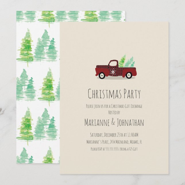 Invitación Navidades de acuarela Fiesta Rustic Plaid Truck (Anverso / Reverso)