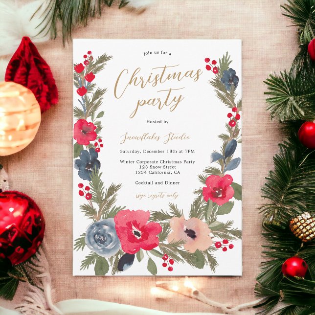 Invitación Navidades de acuarela floral de invierno de moda r (Rustic chic Winter Floral Watercolor Christmas Invitation)