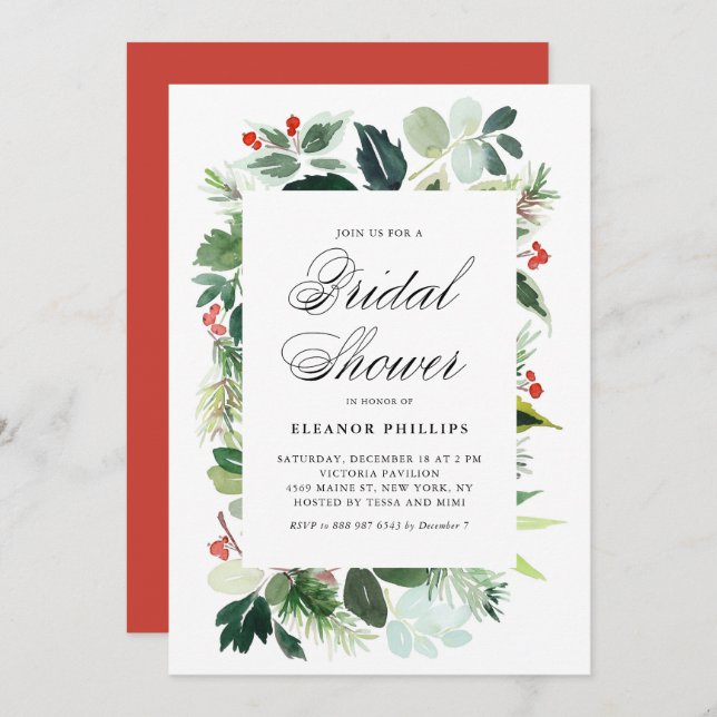 Invitación Navidades de acuarela Green Frame Bridal Shower (Anverso / Reverso)