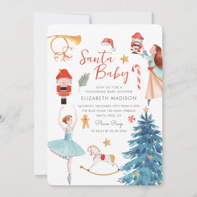 Invitación Navidades de acuarela mate de Santa Baby Shower (Anverso)