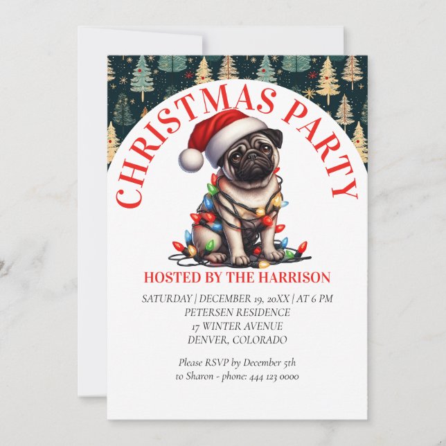 Invitación Navidades de acuarela pug canine retro cute (Anverso)