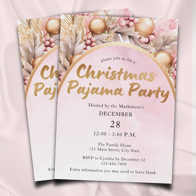 Invitación Navidades de acuarela rosa y dorada Fiesta Pajama (Subido por el creador)