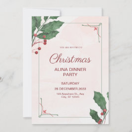 Invitación Navidades de acuarela rosa y verde Fiesta de cena
