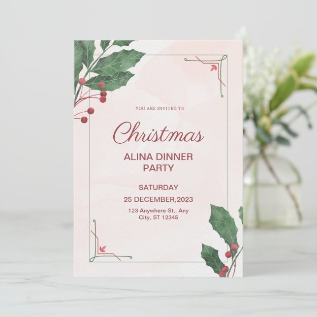 Invitación Navidades de acuarela rosa y verde Fiesta de cena (Anverso de pie)