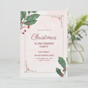Invitación Navidades de acuarela rosa y verde Fiesta de cena