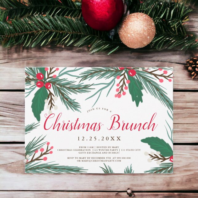Invitación Navidades de acuarela verde rojo brunch (Red green mistletoe watercolor Christmas brunch Invitation)