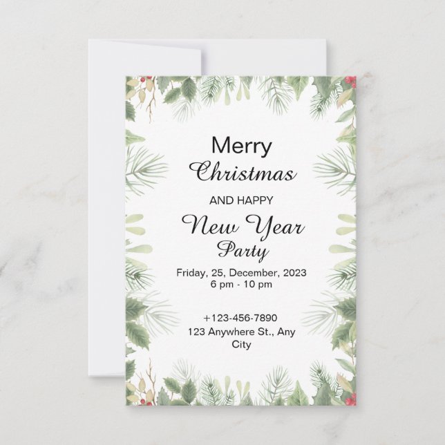 Invitación Navidades de acuarela verde y roja (Anverso)