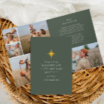 Invitación Navidades de Año Estrella en Collage de fotos de r<br><div class="desc">Esta moderna tarjeta minimalista de vacaciones verde cuenta con una estrella de Navidades de color oro simple con un mensaje de bienvenida editable para Navidades religiosos y su nombre personalizado sobre un fondo verde clásico. El interior incluye un collage de fotos familiares y un año editable en el que se...</div>