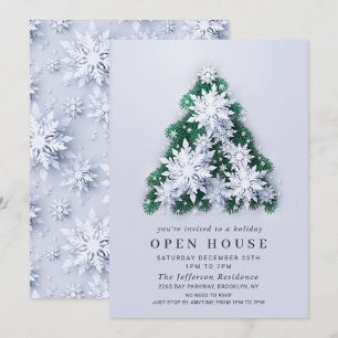 Invitación Navidades de árbol de copos de nieve, casa abierta