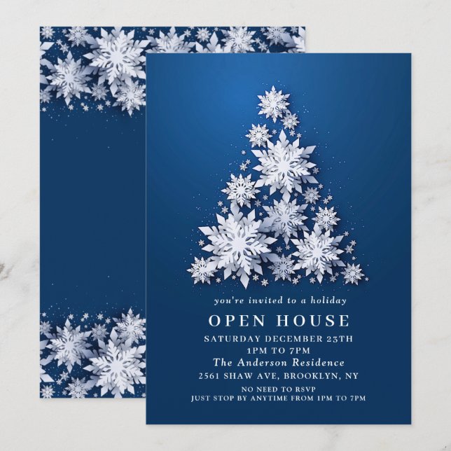 Invitación Navidades de árbol de copos de nieve, casa abierta (Anverso / Reverso)