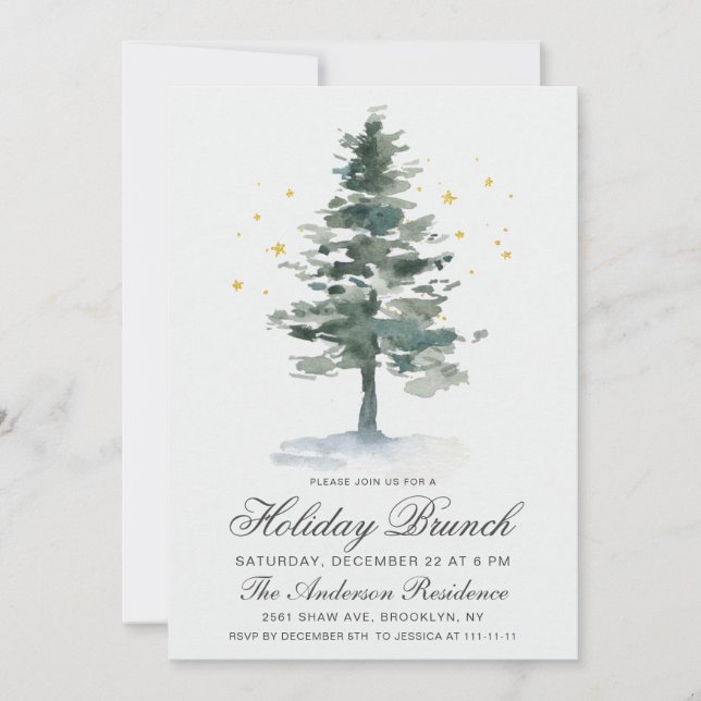 Invitación Navidades de árbol de pino acuarela de vacaciones  (Anverso)