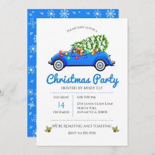 Invitación Navidades de árbol y auto azul de época