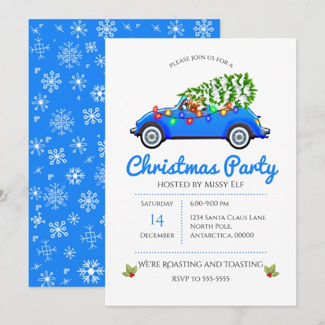 Invitación Navidades de árbol y auto azul de época (Anverso / Reverso)