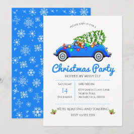 Invitación Navidades de árbol y auto azul de época