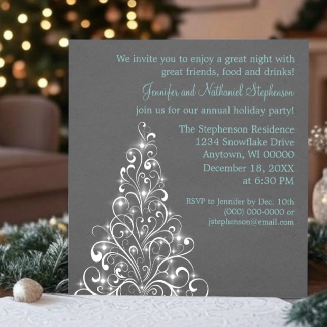 Invitación Navidades de árboles de vacaciones espumosos Fiest (Dark Gray Sparkly Holiday Tree Christmas Party Invitation)