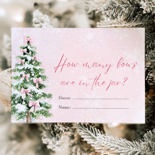 Invitación Navidades de arcos rosados cuántos doblan juego Ba (Pink Bows Christmas How Many Bows Baby Shower Game )
