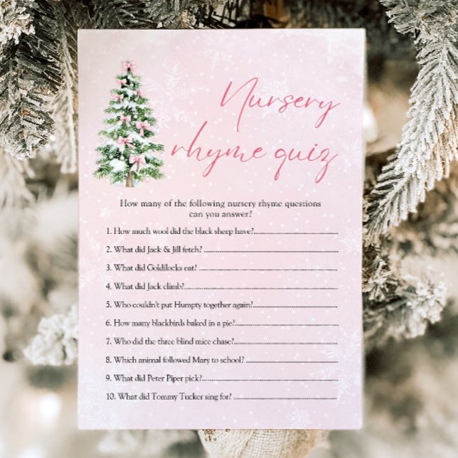 Invitación Navidades de arcos rosados Rhyme Prueba Baby Showe (Pink Bows Christmas Nursery Rhyme Quiz Baby Shower Game)
