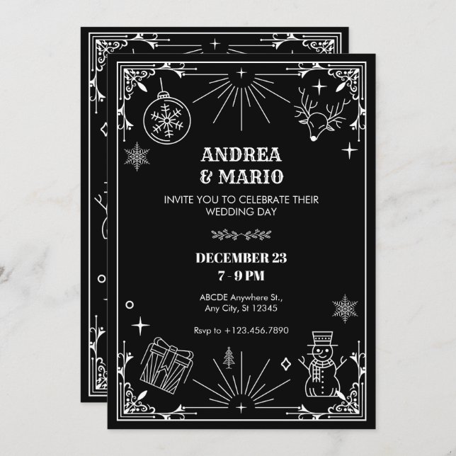 Invitación Navidades de arte negro boda de ornamentos de invi (Anverso / Reverso)