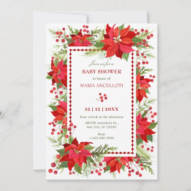 Invitación Navidades de bayas con flores rojas Ducha bebé (Anverso)