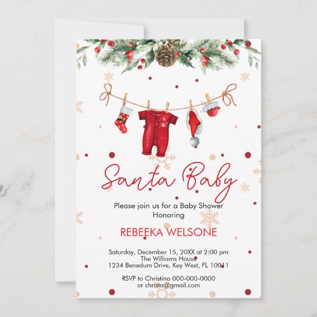 Invitación Navidades de bebé de santa roja (Anverso)