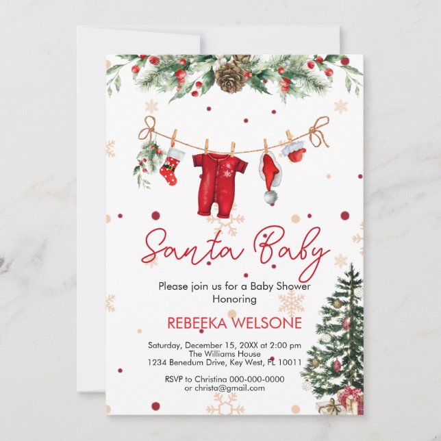 Invitación Navidades de bebé de santa roja (Anverso)
