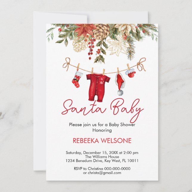 Invitación Navidades de bebé de santa roja (Anverso)
