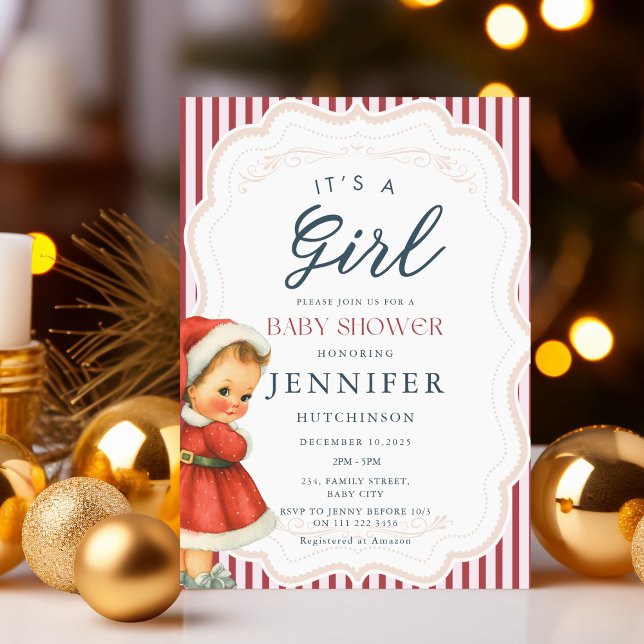 Invitación Navidades de bebes ventilado Baby Shower (Vintage Baby Girl Christmas Baby Shower Invitation)