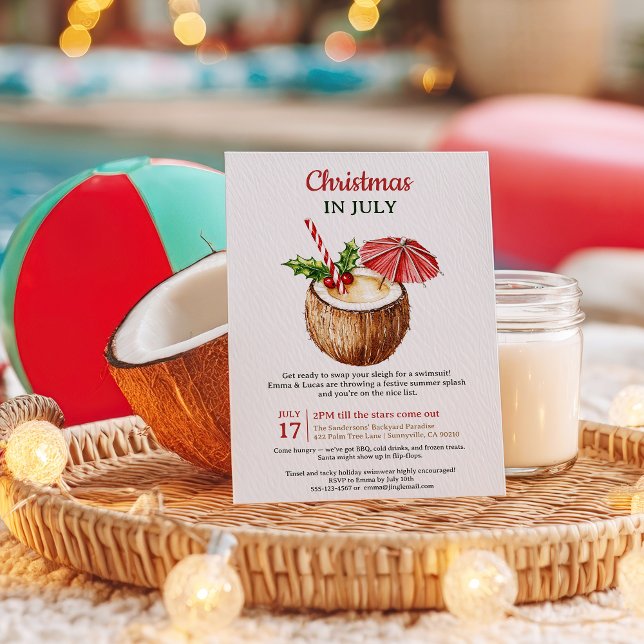 Invitación Navidades de bebidas de coco rojo tropical en juli (Tropical Red Coconut Drink Christmas in July Invitation)
