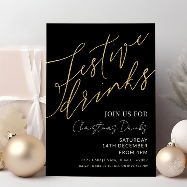 Invitación Navidades de bebidas festivas elegantes negro y or (Subido por el creador)