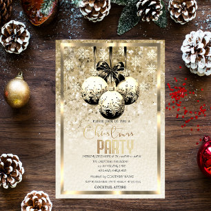 Invitación Navidades de Black Balls Snowflakes Gold Company