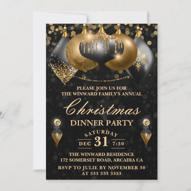 Invitación Navidades de Black & Gold Baubles Fiesta de cena (Anverso)