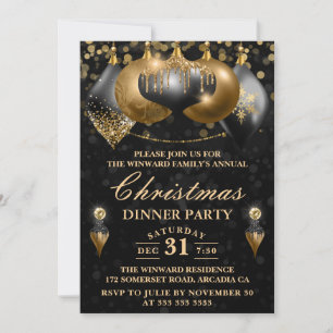 Invitación Navidades de Black & Gold Baubles Fiesta de cena