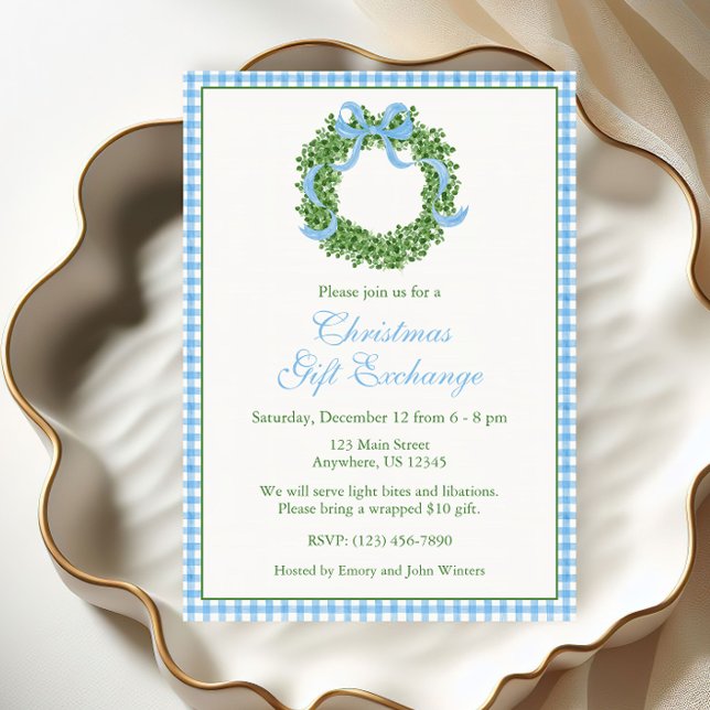 Invitación Navidades de Blue Bow Boxwood Wreath Fiesta (Subido por el creador)