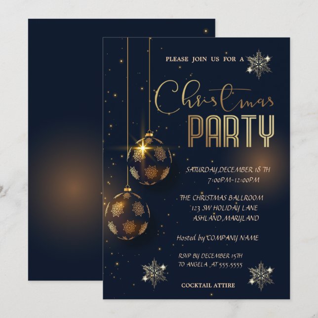Invitación Navidades de bolas de oro de Snowflakes corporativ (Anverso / Reverso)