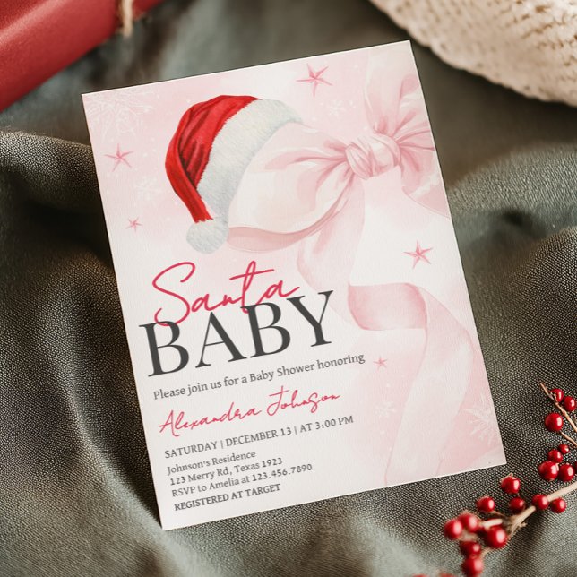 Invitación Navidades de Bow rosado Baby Shower de invierno (Coquette Pink Bow Santa Baby Christmas Baby Shower Invitation)