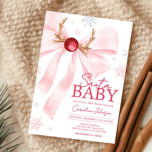 Invitación Navidades de Bow Rosado Copos de Nieve Baby Shower (Coquette Pink Bow Santa Baby Christmas Baby Shower Invitation)