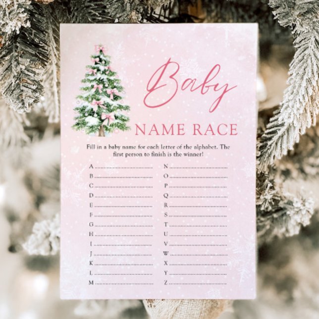 Invitación Navidades de Bow Rosado Nombra Raza Juego de Baby  (Pink Bow Christmas Baby Name Race Baby Shower Game)