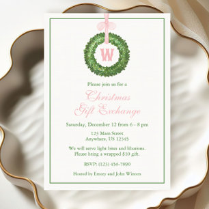 Invitación Navidades de Bow Rosado Sash Monograma Fiesta de W