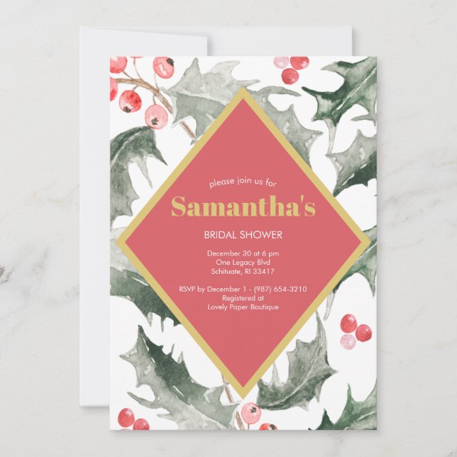 Invitación Navidades de Bridal Shower Watercolor Holly (Anverso)