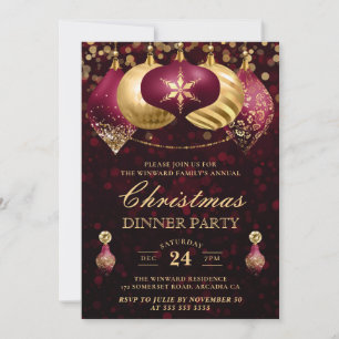Invitación Navidades de Burgundy & Gold Baubles Fiesta de cen