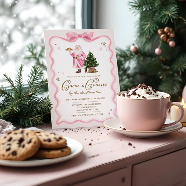 Invitación Navidades de cacao y galletas Fiesta Retro Rosa Sa (Cocoa & Cookies Christmas Party Retro Pink Santa Invitation)