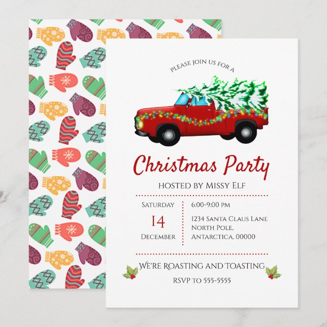 Invitación Navidades De Camión Rojo, Árbol Y Luces (Anverso / Reverso)
