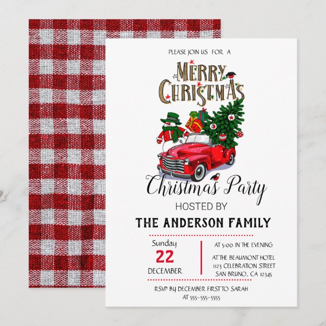 Invitación Navidades de Camión Rojo de acuarela Rustica (Anverso / Reverso)
