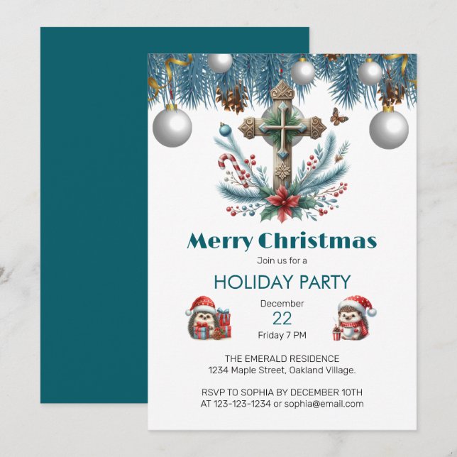 Invitación Navidades de Candy Cane y Holly Cross (Anverso / Reverso)