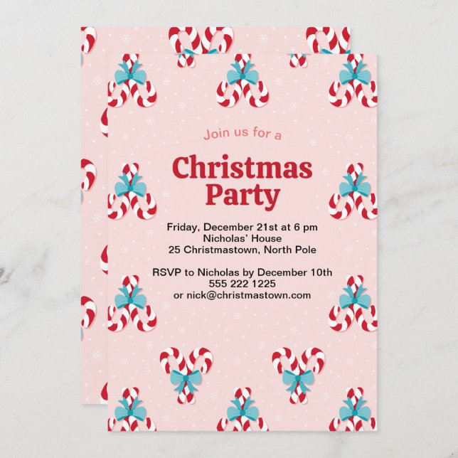 Invitación Navidades de Candy Canes y Bows dulces (Anverso / Reverso)