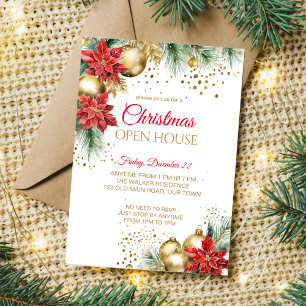 Invitación Navidades de casa abierta fiesta de oro de poinset