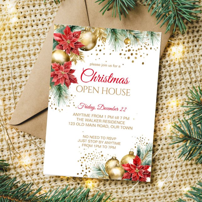 Invitación Navidades de casa abierta fiesta de oro de poinset (Christmas open house template invitation watercolor red poinsettia gold baubles pines gold sprinkles)
